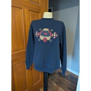 Vtg Gopher Sport Blue Teddy Bear Patchwork Long Sleeve Sweatshirt Women's Medium